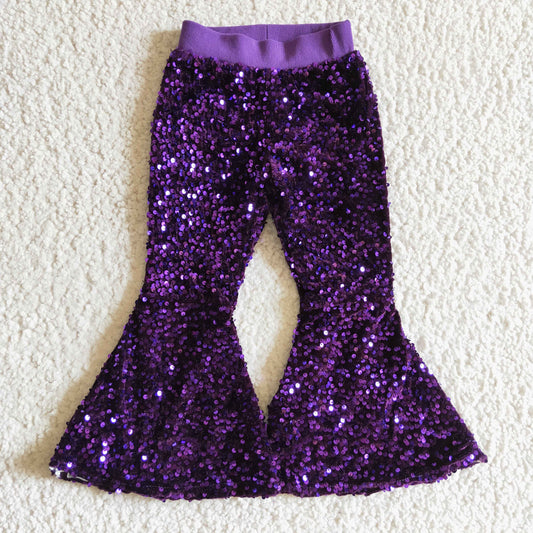 P0032 Purple Sequin Bell-bottom Kids Long Pants