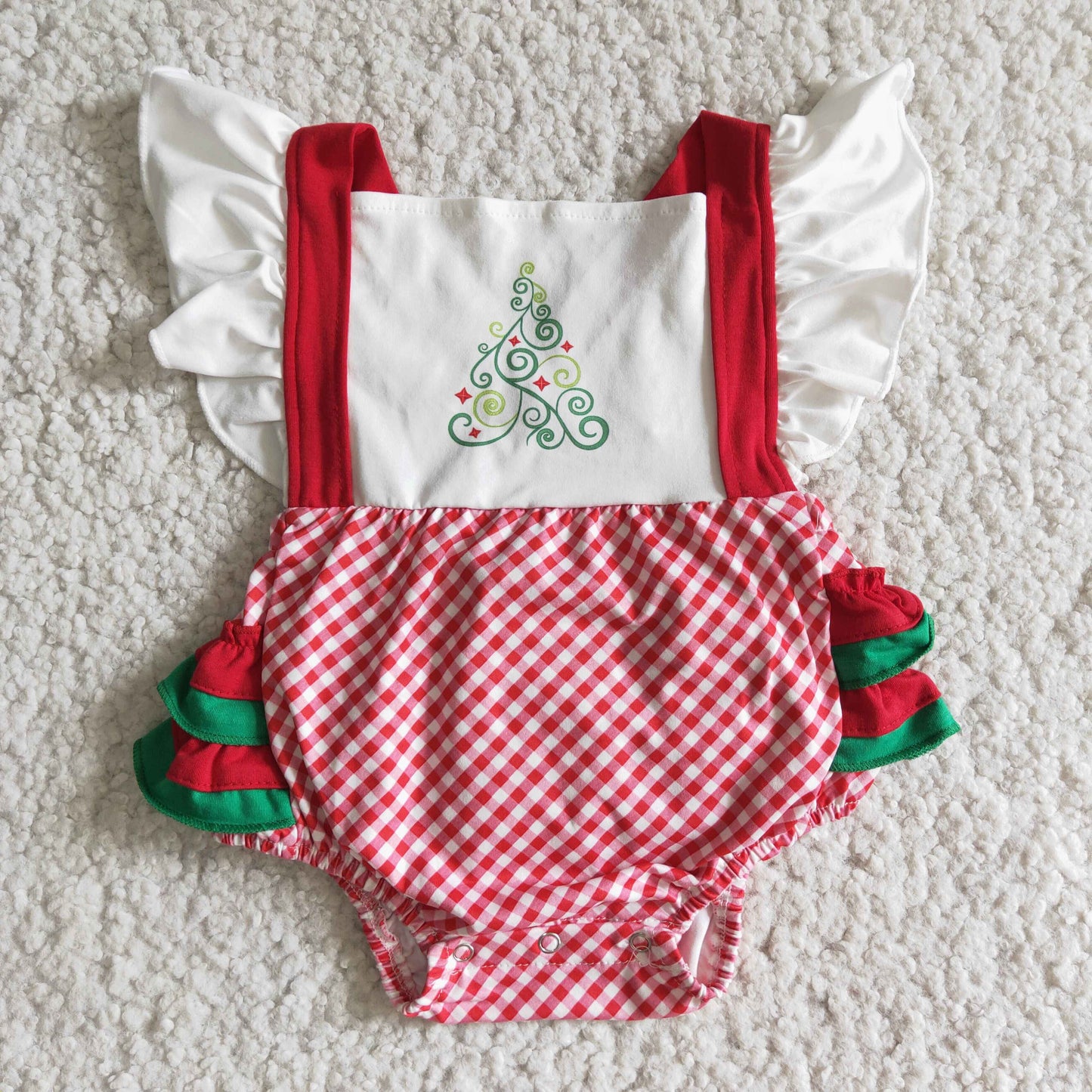 Clearance E3-28 Christmas Tree Red Green Ruffles Girls Short Sleeve Romper