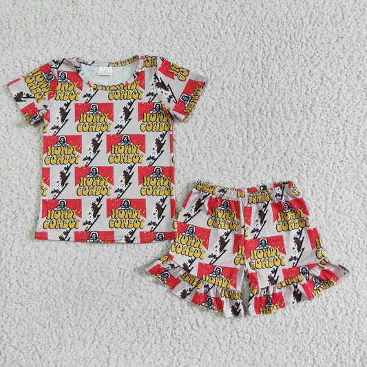 GSSO0119 Red Howdy Cowboy Western Girls Short Sleeve Shorts Outfits