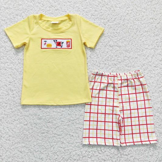 BSSO0112 Yellow Red Cow Cartoon Food Embroidery Boys Short Sleeve Shorts Outfits