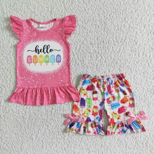 promotion RTS D10-11 Pink Hello Summer Popsicle Ice Cream Girls Flutter Sleeve Shorts Outfits