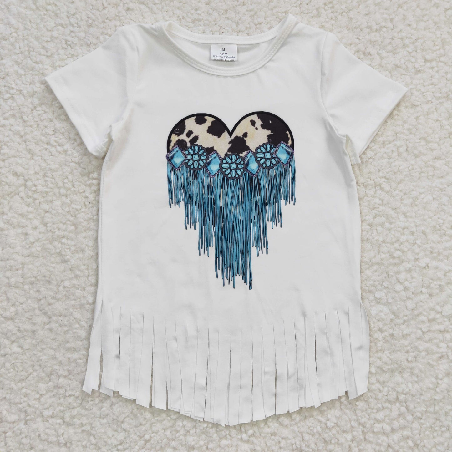 GSPO0463 2pcs GT0137 Valentine Love Leopard Blue Tassel Top+ P0008 Blue Denim Girls Short Sleeve Bell Bottom Pants Outfits