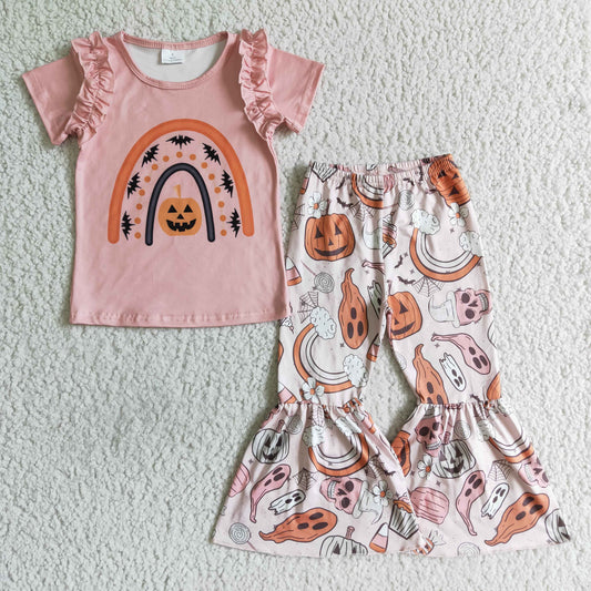 promotion RTS GSPO0098 Halloween Pumpkin Pink Rainbow Girls Short Sleeve Bell Bottom Pants Outfits