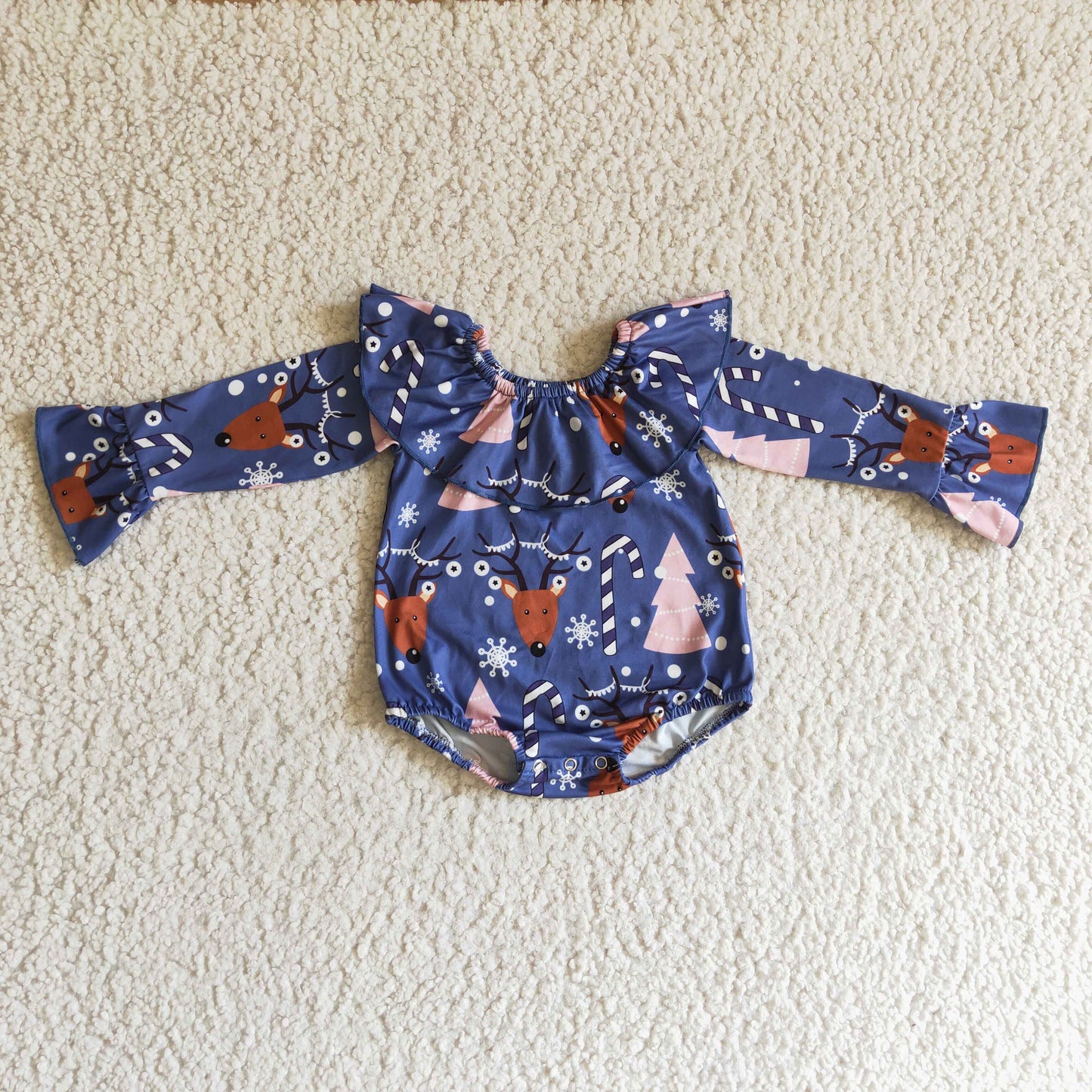 LR0165 Christmas Tree Deer Blue Pink Ruffles Girls Long Sleeve Romper