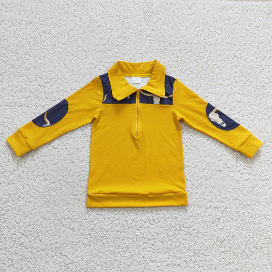promotion BT0124 Yellow Black Highland Cow Head Western Boys Long Sleeve Top Collar Polo Pullover T-Shirts