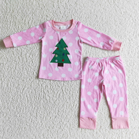 Clearance 6 B12-37 Christmas Green Tree Pink Dots Embroidery Girls Long Sleeve Pajamas