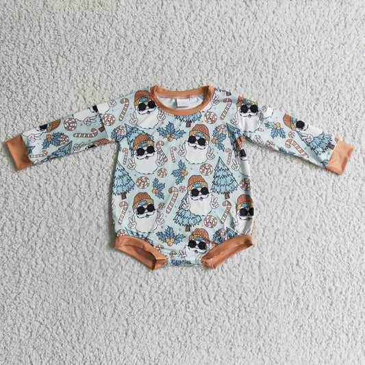 LR0179 Christmas Santa Tree Blue Orange Girls Long Sleeve Romper