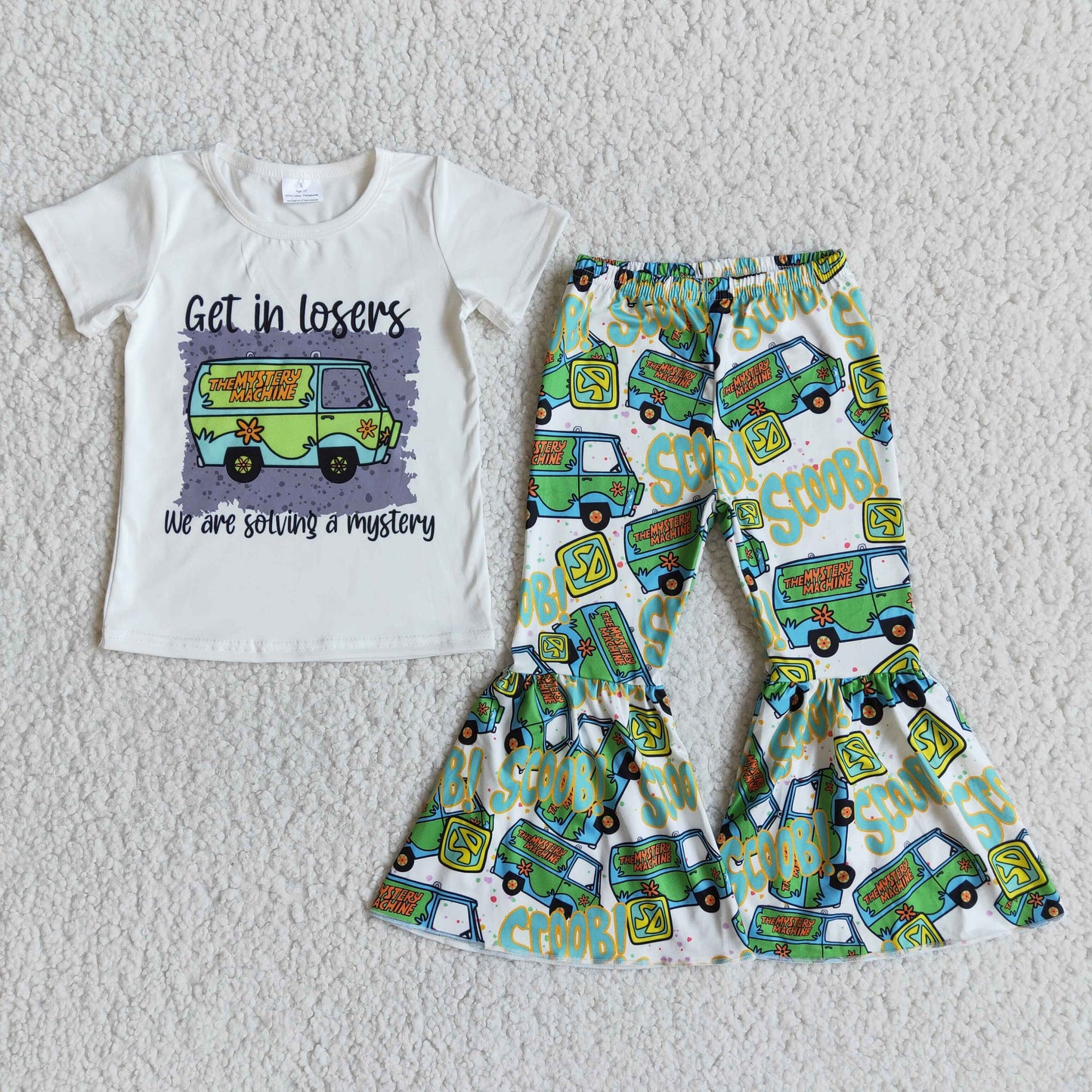 E8-2 Green Bus Dog Cartoon With Bow Headband 3pcs Girls Short Sleeve Bell Bottom Pants Outfits