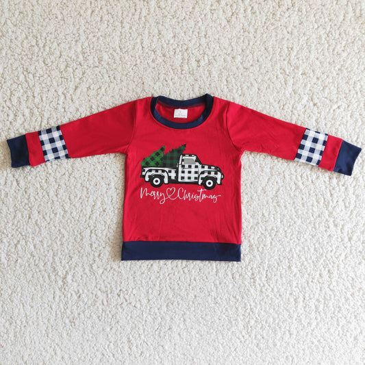 Promotion RTS 6 A6-12 Merry Christmas Tree Car Red  Boys Long Sleeve Top T-shirts