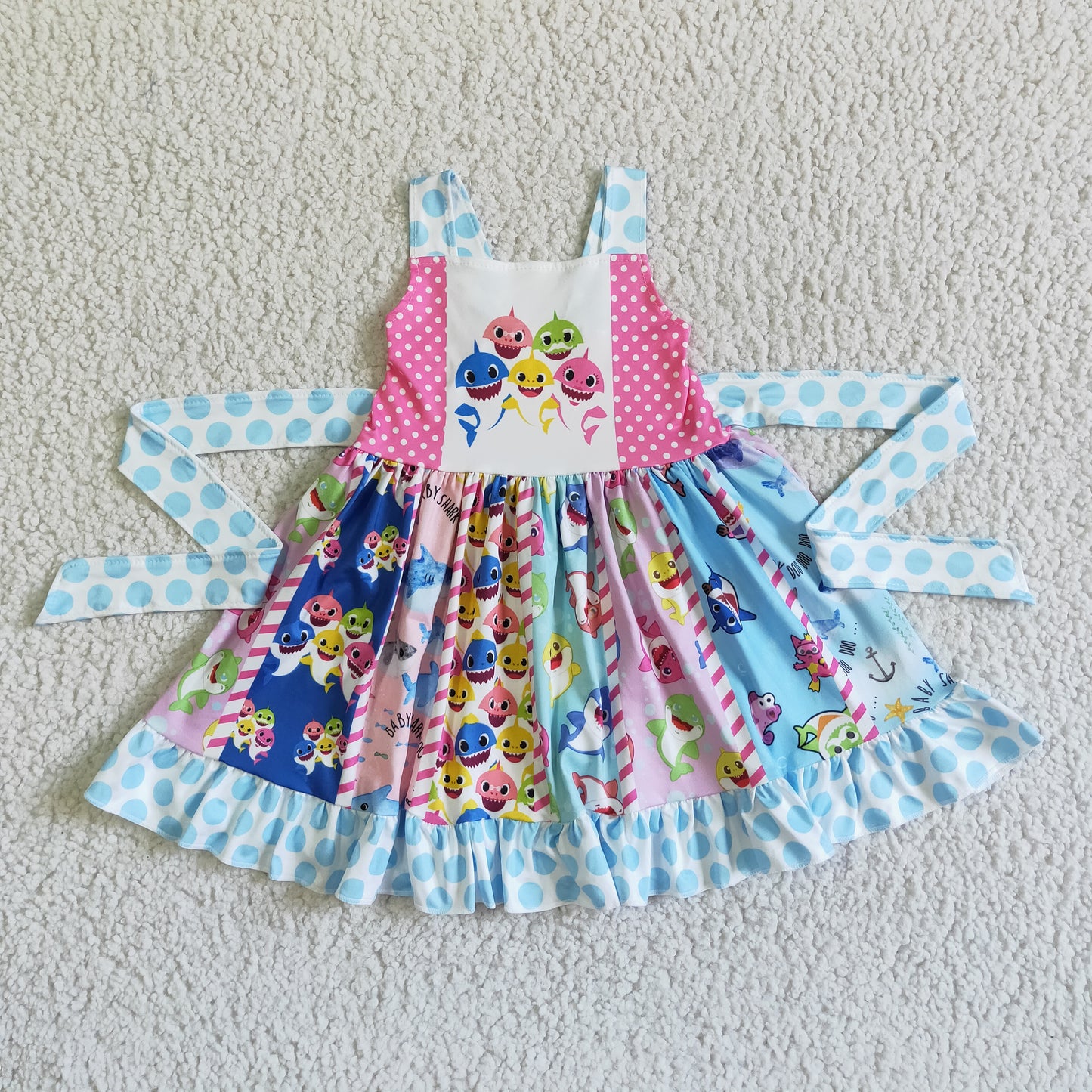promotion RTS A10-23 Blue Dots Shark Cartoon Girls Belt Patchwork Sleeveless Dresses