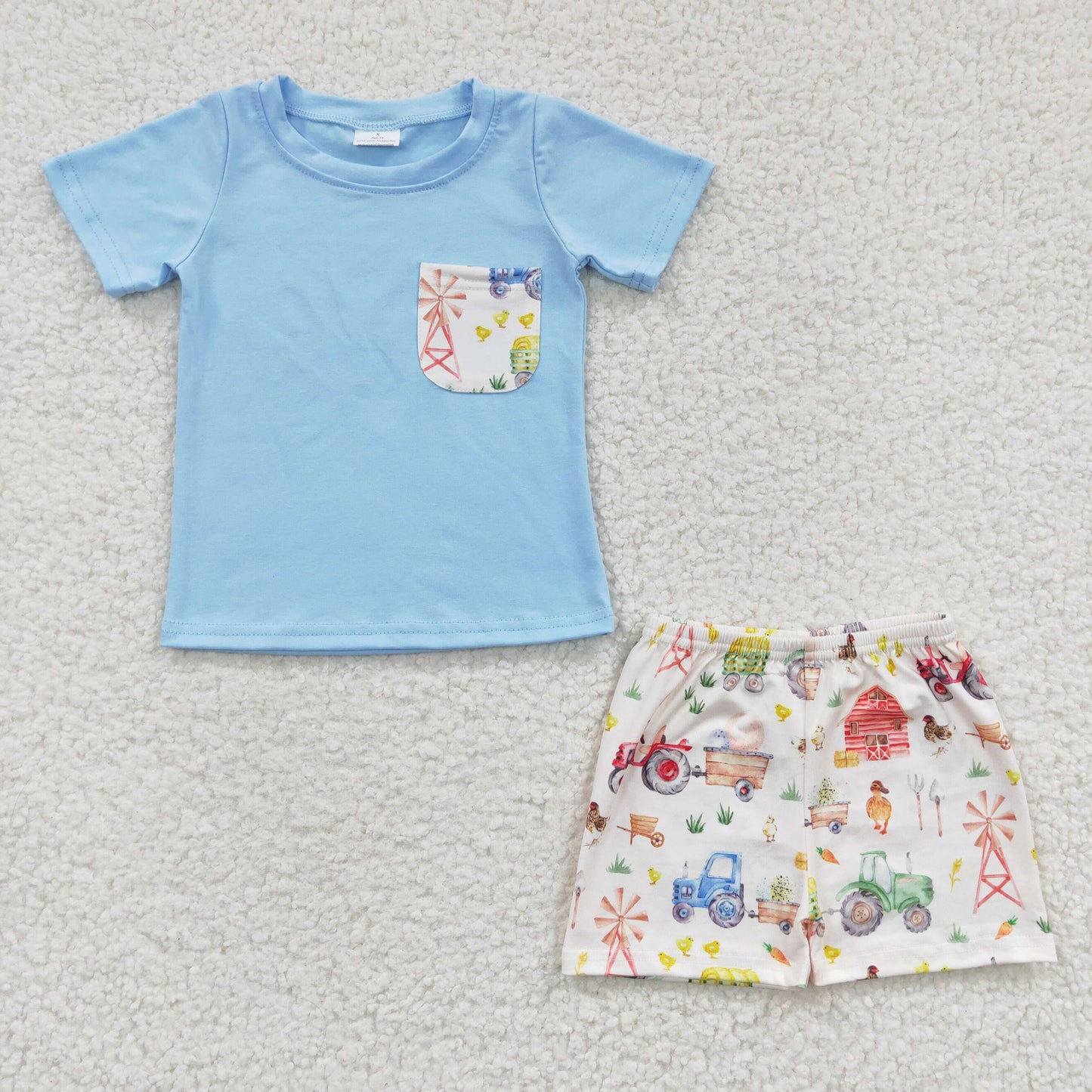 BSSO0142 Blue Farm Life Cow Chicken Pocket Boys Short Sleeve Shorts Outfits