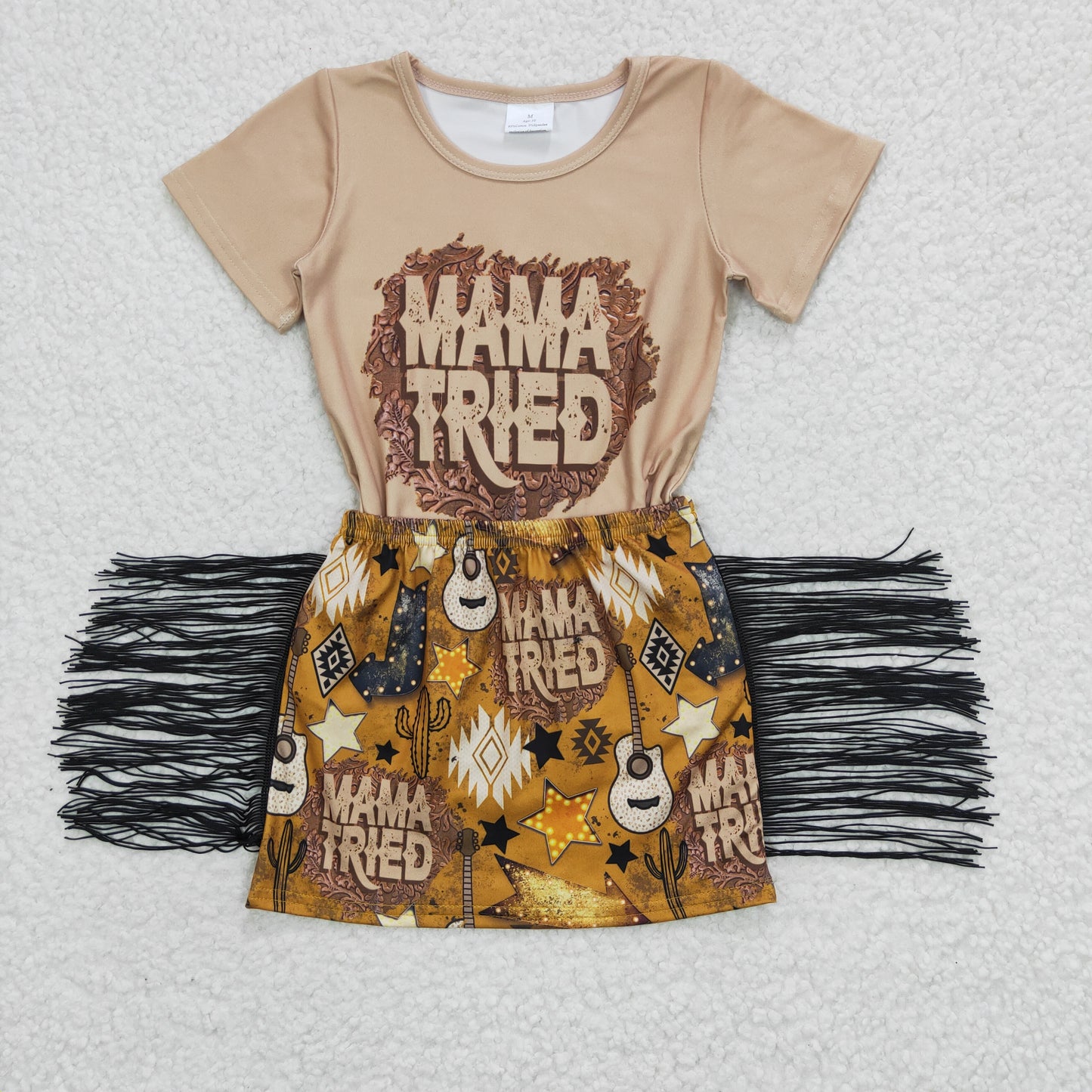 promotion RTS GSD0286 Mama Tried Yellow Western Tassel Girls Short Sleeve With Skirt Dresses Outfits