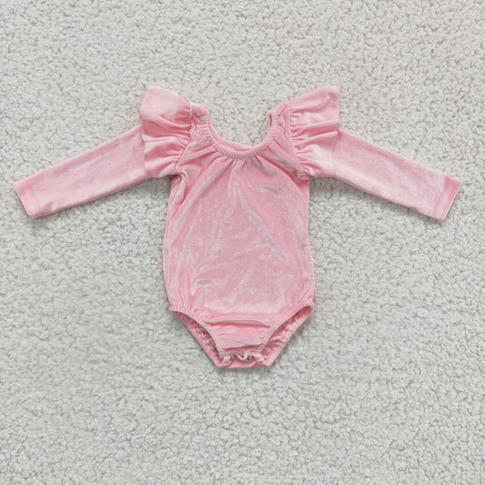 LR0213 Plain Pink Ruffles Velvet Girls Long Sleeve Romper