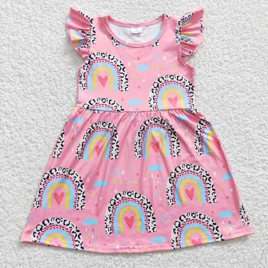 promotion RTS GSD0248 Valentine Love Rainbow Pink Leoaprd Girls Short Sleeve Dresses