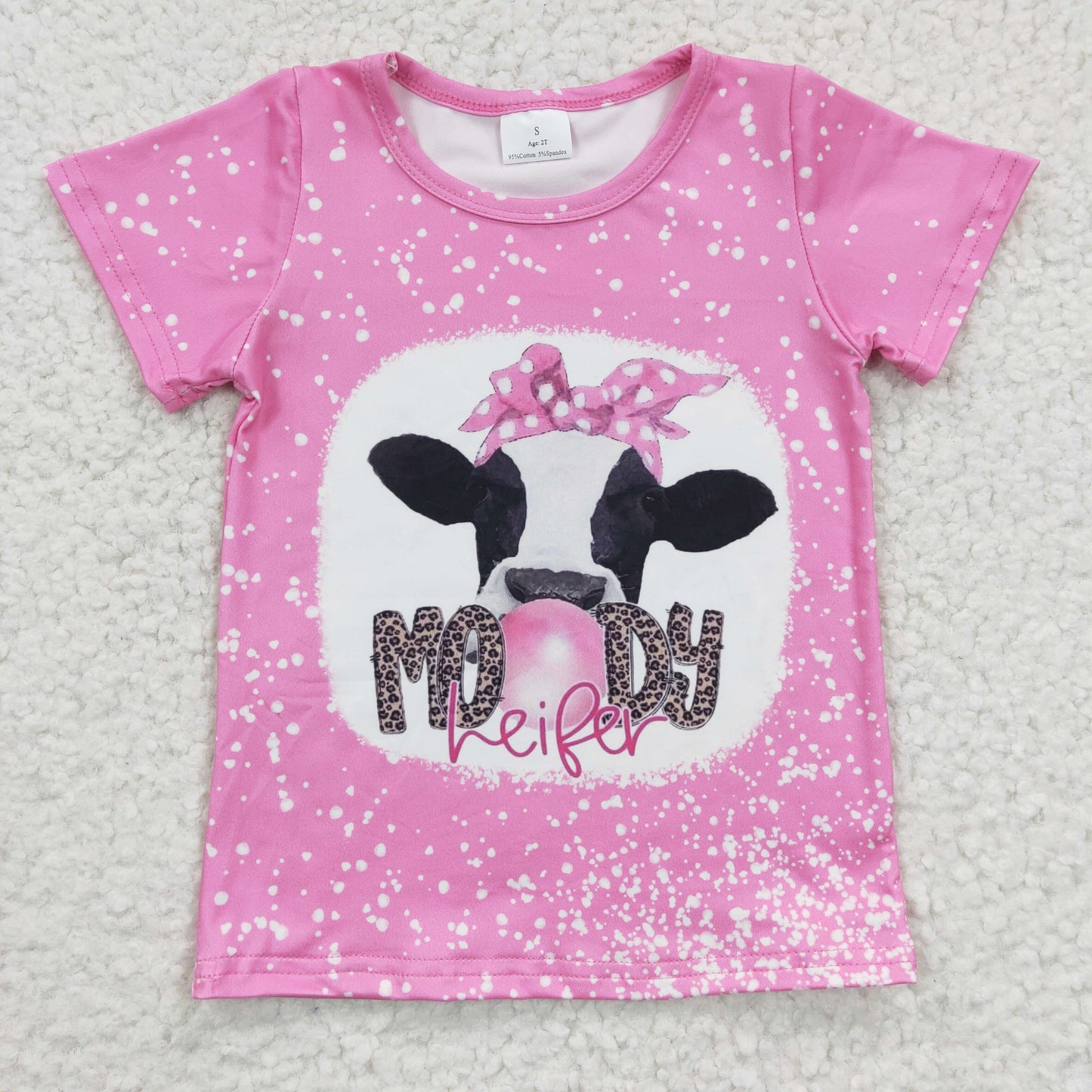 GLPO444 2Pcs GT0128 Pink Moody Heifer Cow Top + Pink Leopard Denim Girls Long Sleeve Pants Outfits