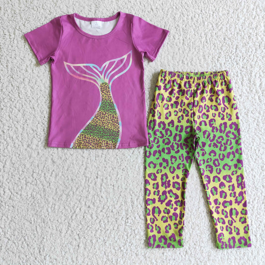 GSPO0199 Purple Mermaid Yellow Green Leopard Girls Short Sleeve Pants Outfits