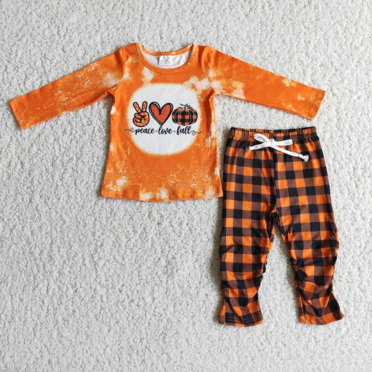 Bleach Design Peace Love Fall Long Sleeve Orange Plaid Stack Pants Girls Outfits