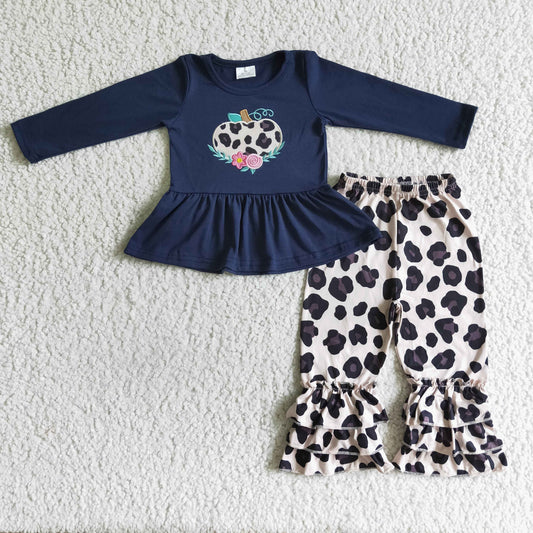 GLP0037 Halloween Pumpkin Blue Leopard Floral Embroidery Girls Long Sleeve Pants Outfits