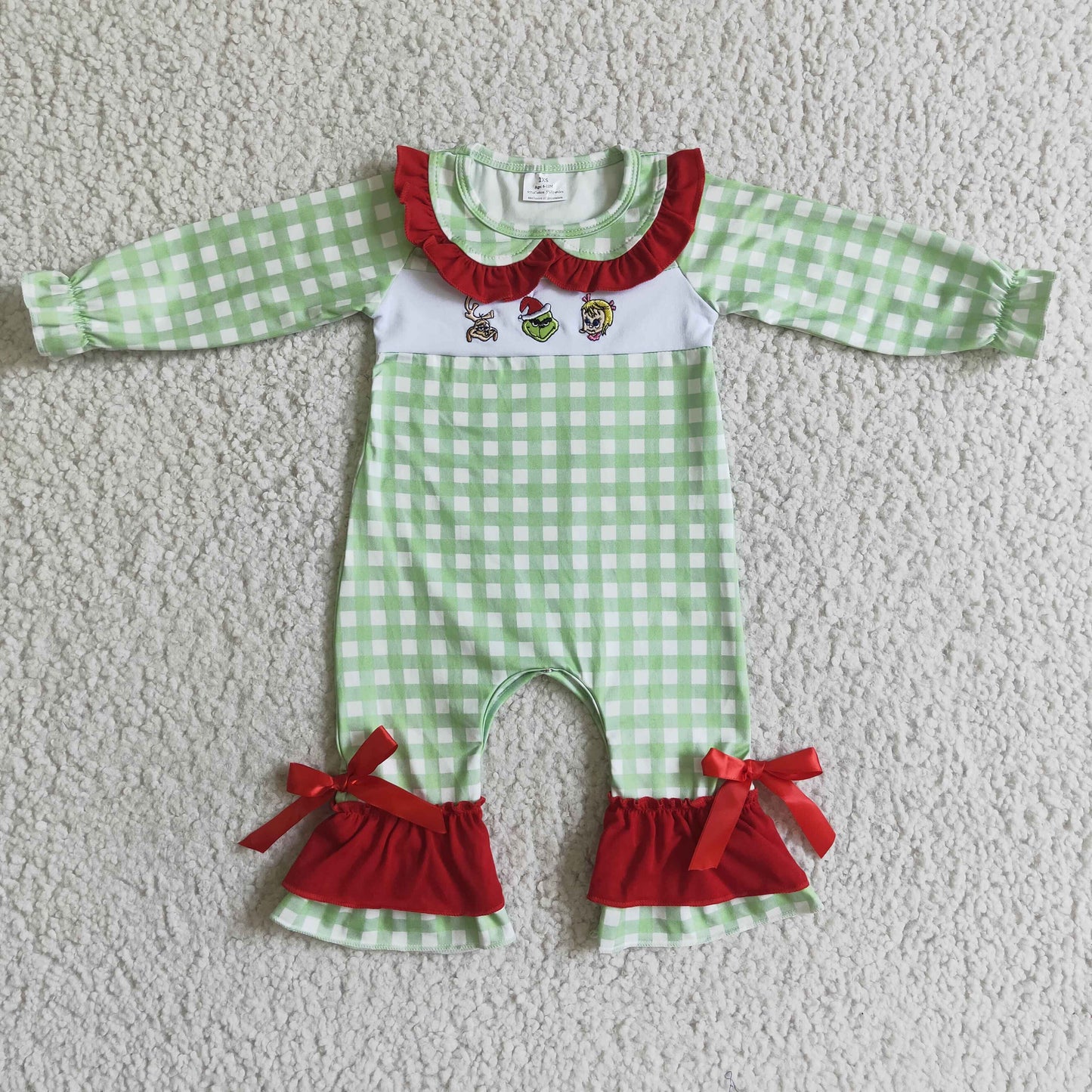 LR0018 Christmas Green Red Cartoon Girls Long Sleeve Romper