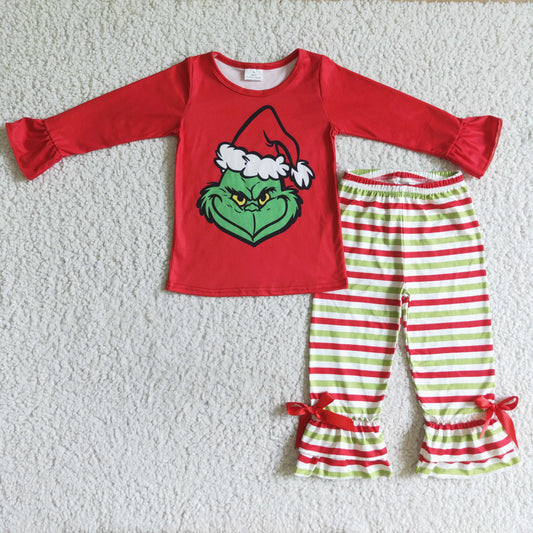 GLP0193 Christmas Santa Red Green Cartoon Stripes Girls Long Sleeve Pants Outfits