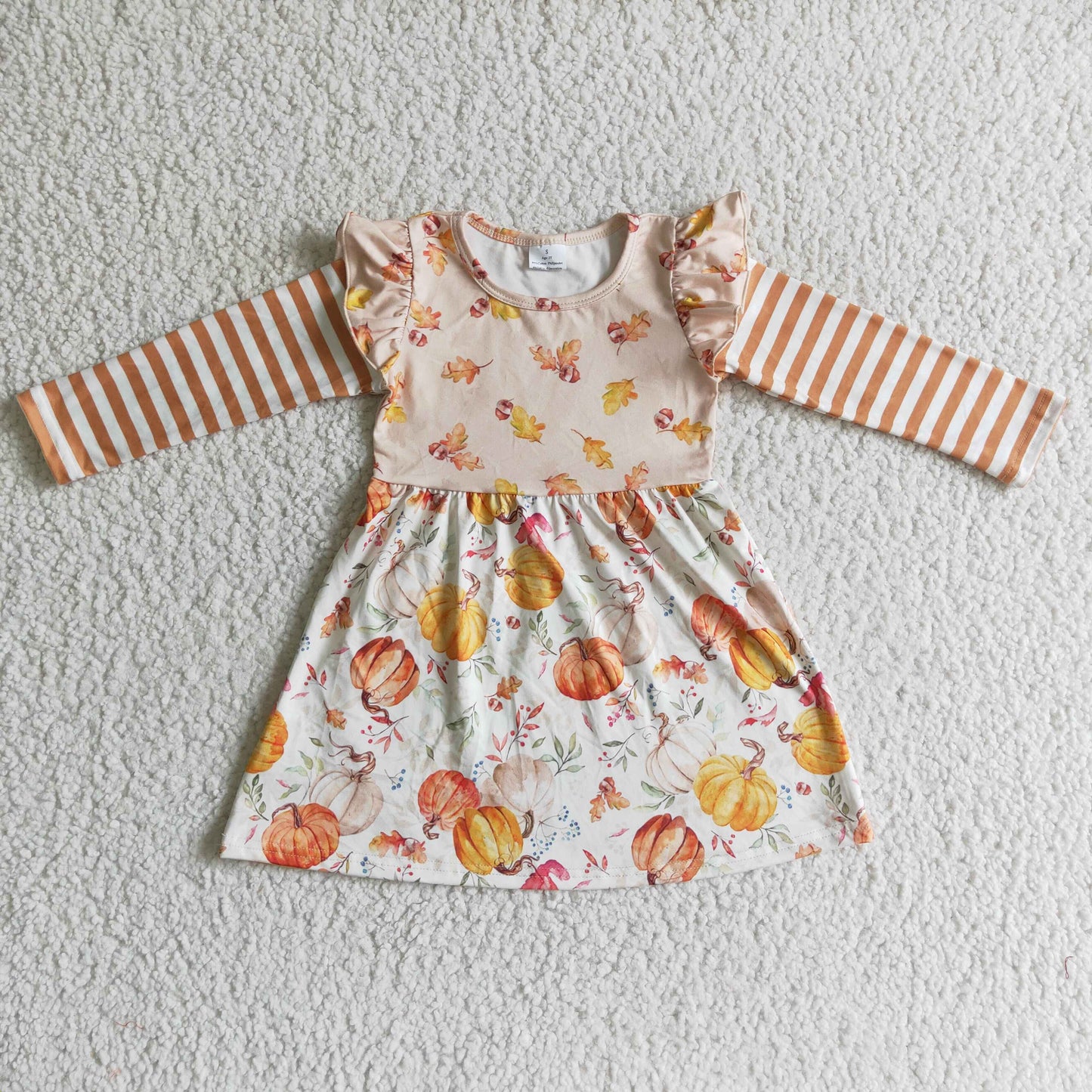 GLD0085 Halloween Orange Pumpkin Stripes Girls Long Sleeve Dresses