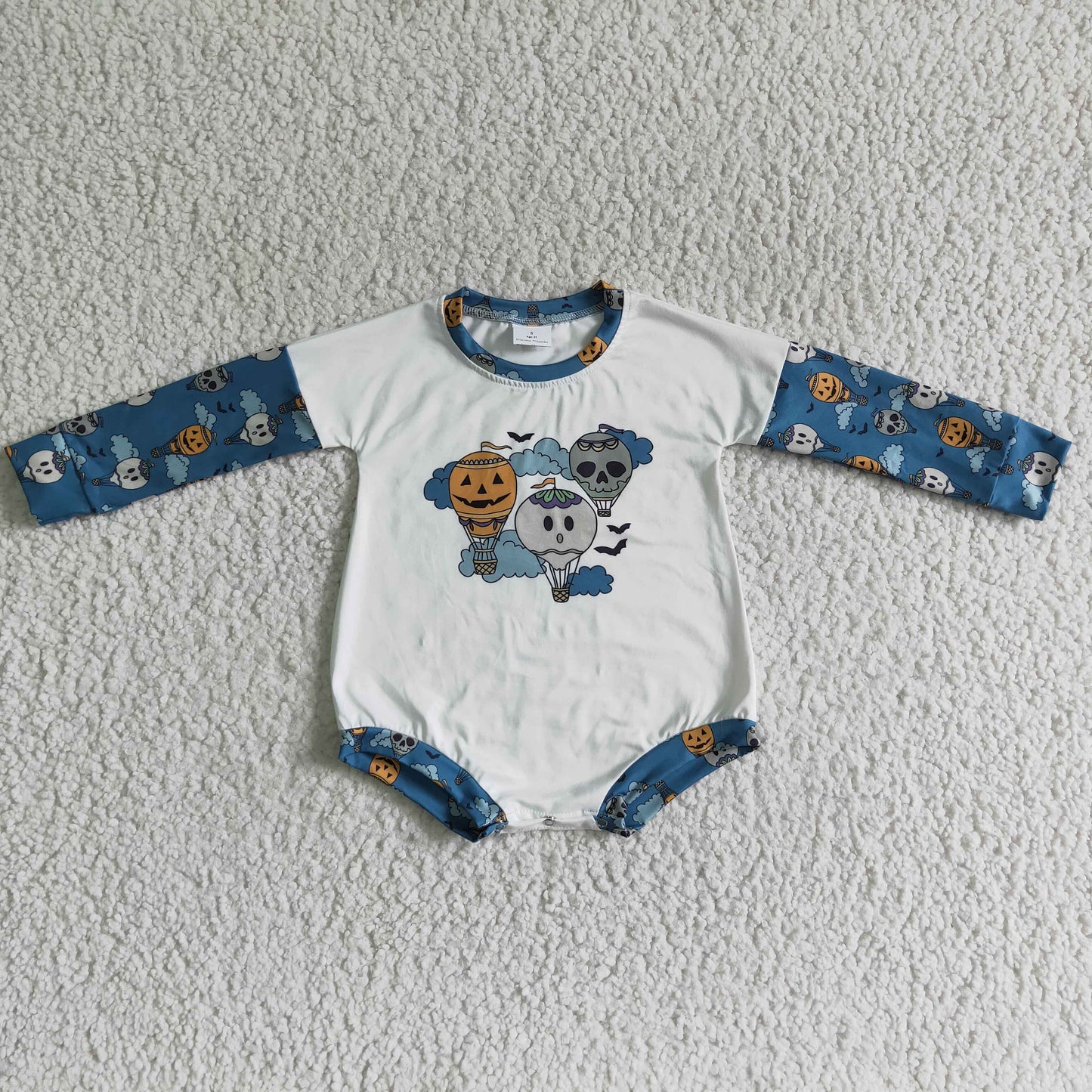LR0125 Halloween Blue Pumpkin Ghost Cartoon Headband Bow 3pcs Girls Long Sleeve Romper