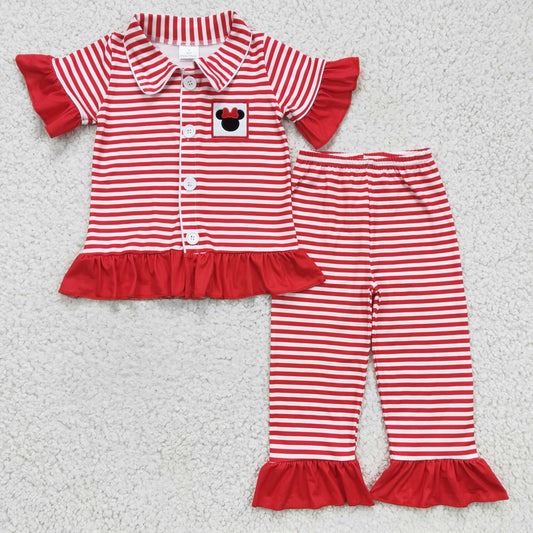 GSPO0256 Black Red Stripes M Cartoon Girls Short Sleeve Pants Outfits Collar Pajamas