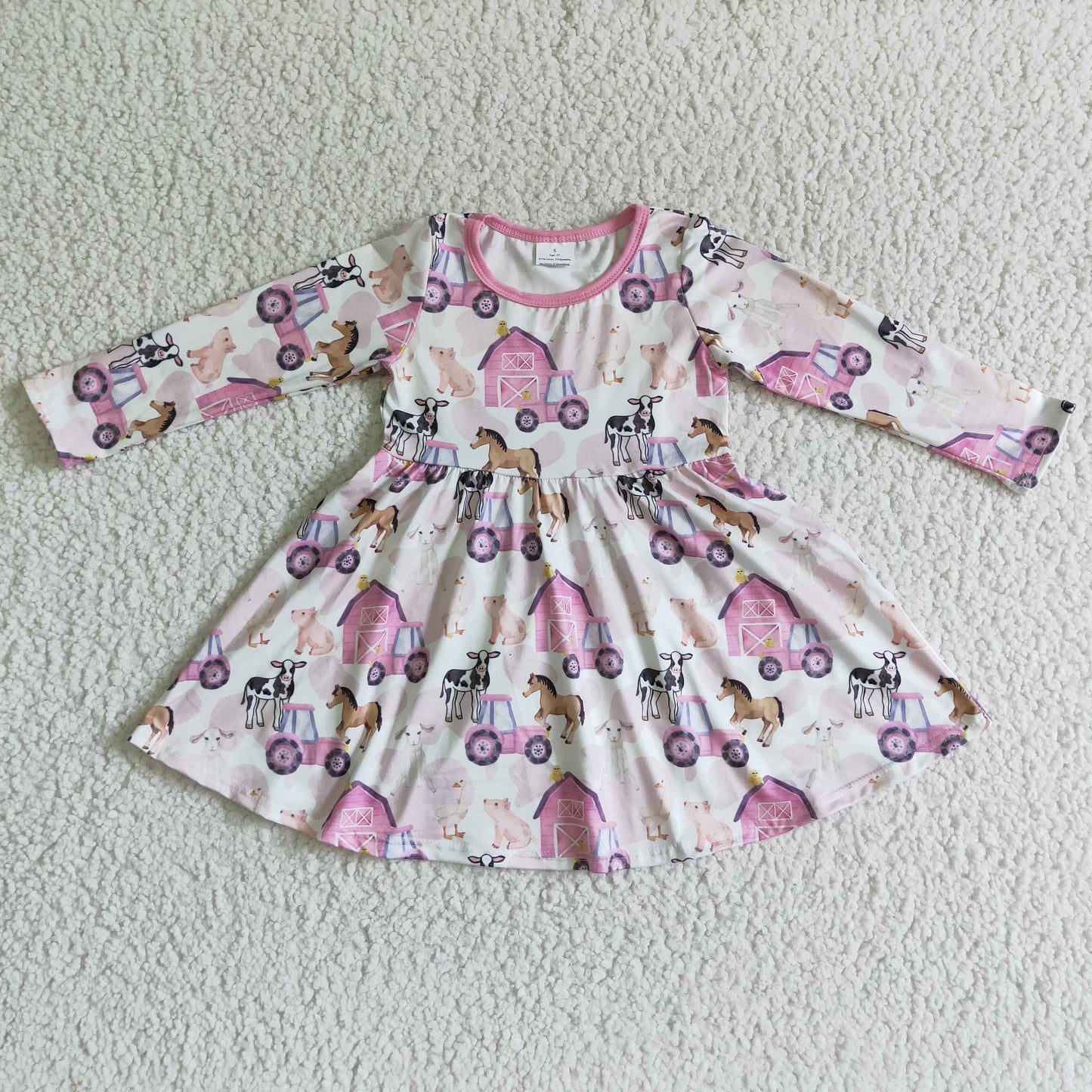 GLD0030 Pink Cow Horses Pig Farm Cartoon Girls Long Sleeve Dresses