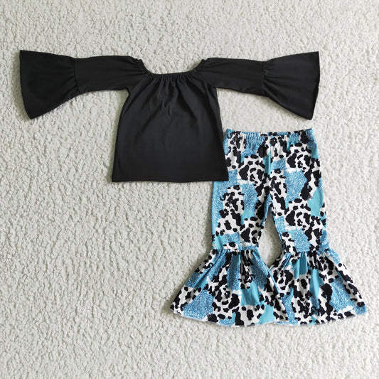 Clearance 6 B1-34 Black Blue Cow Print Off shoulder Girls Long Sleeve Bell Bottom Outfits