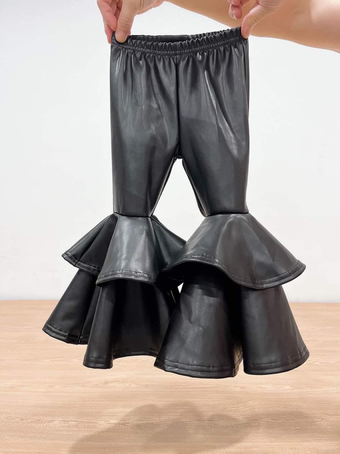 P0034 Black Double Ruffles Bell-bottom Kids Long Pants
