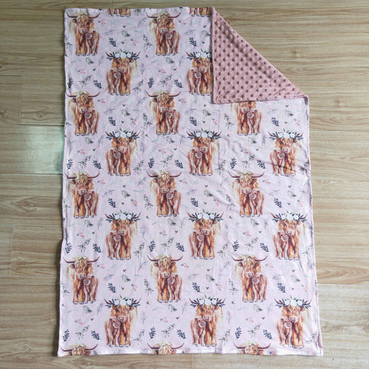 BL0016 Pink Floral Highland Cows Print Blanket