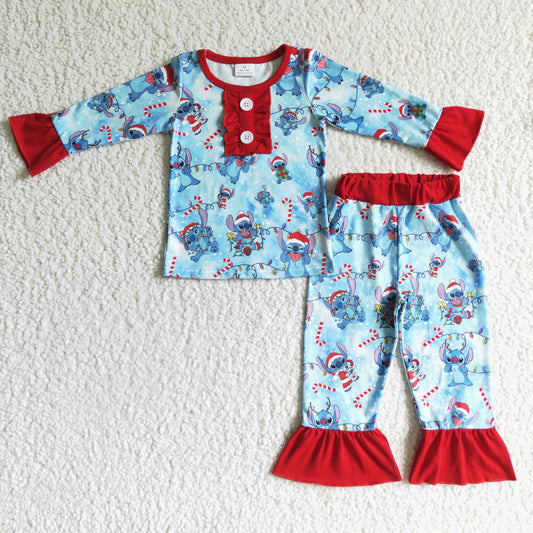 GLP0157 Christmas Blue Red Cartoon Girls Long Sleeve Pajamas