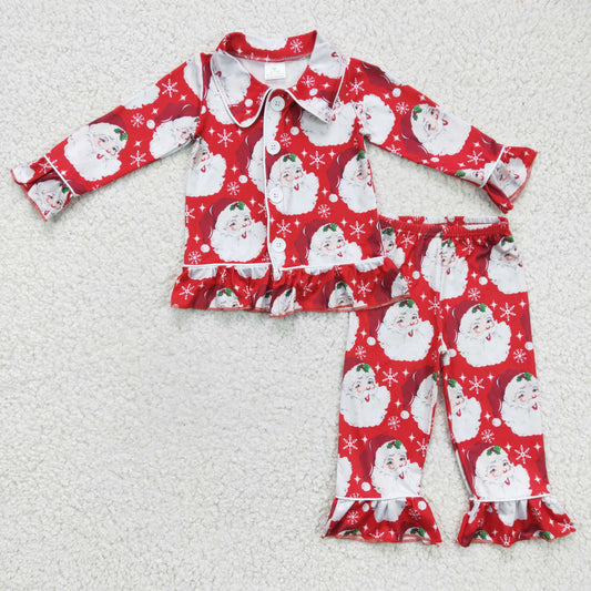 6 C8-40 Red Santa Print Christmas Girls Long Sleeve Pants Outfits Collar Pajamas