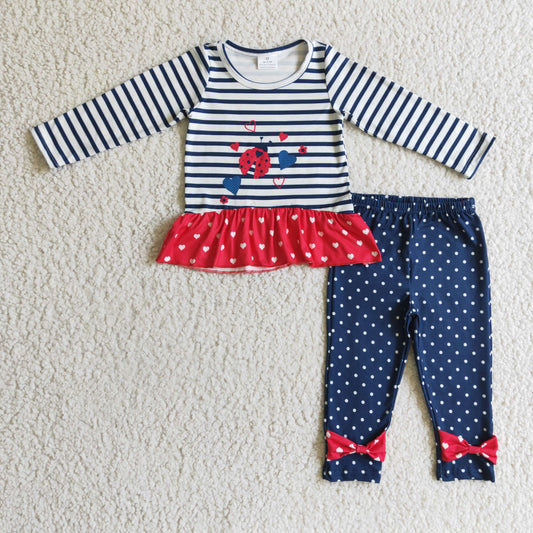 GLP0227 Blue Red Stripes Dots Love Cartoon Girls Long Sleeve Pants Outfits