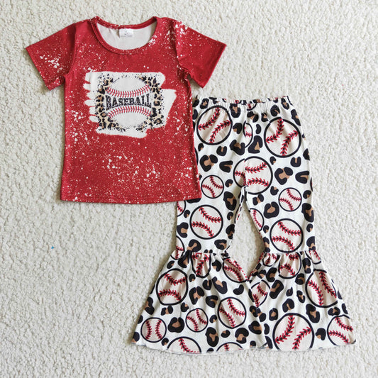 promotion RTS GSPO0217 Red Baseball Leopard Game Girls Short Sleeve Bell Bottom Pants Outfits