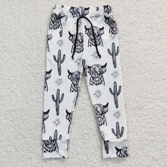 P0089 Black White Highland Cow Cactus Baby Girls Legging Long Pants