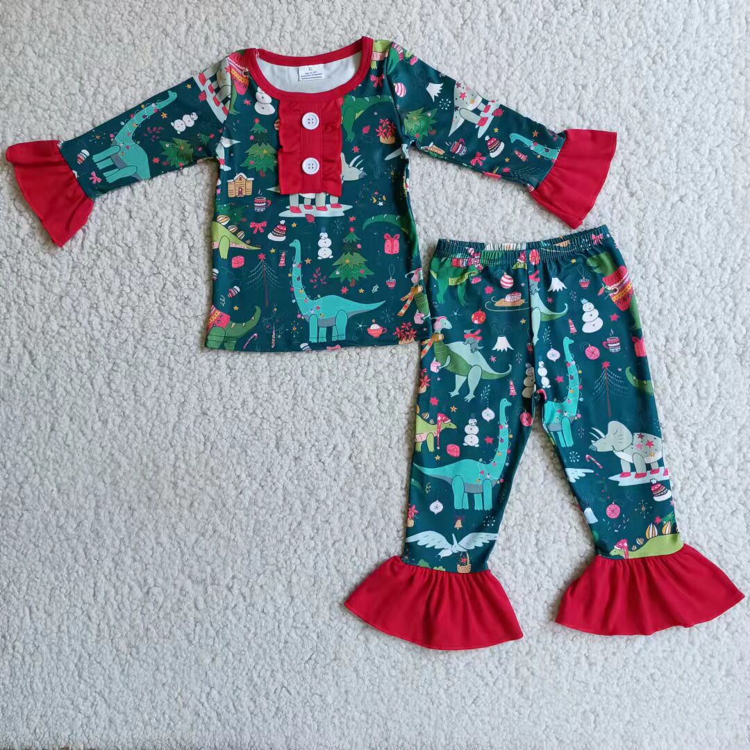 Clearance 6 A4-28 Christmas Dinosaur Print Girls Long Sleeve Pants Outfits Pajamas