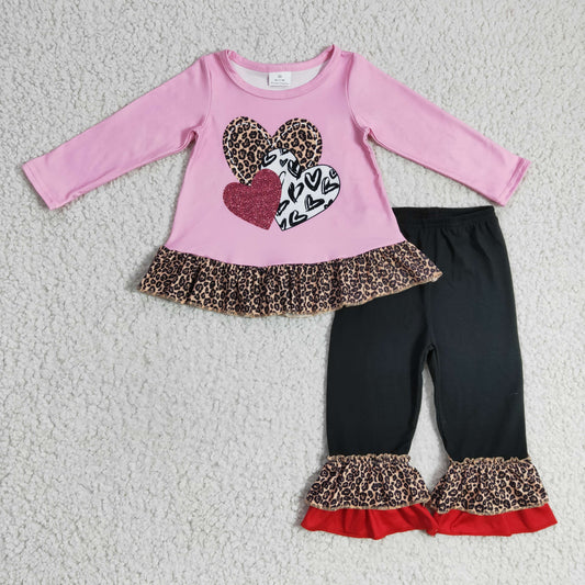 GLP0385 Valentine Love Pink Black Leopard Girls Long Sleeve Bell Bottom Pants Outfits