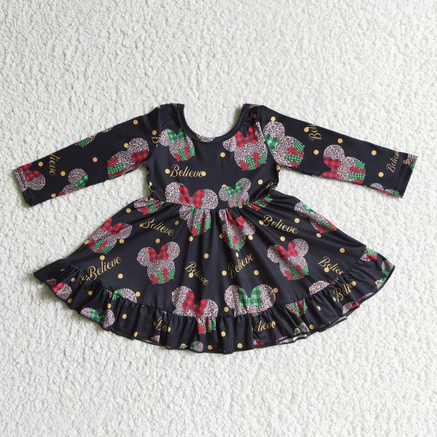 GLD0001 Christmas Black Red Believe Leopard Cartoon Girls Long Sleeve Dresses