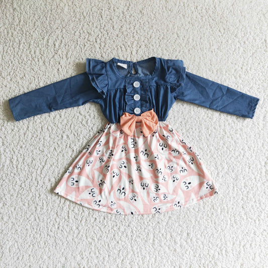 GLD0044 Halloween Ghost Cartoon Blue Pink Girls Long Sleeve Dresses