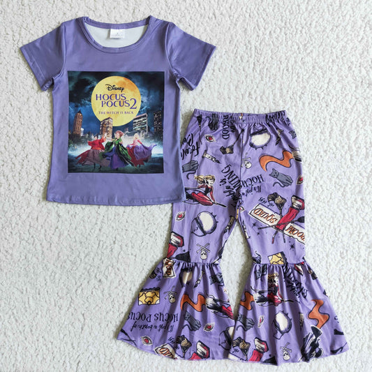 GSPO0132 Halloween Purple Witch Cartoon Girls Short Sleeve Bell Bottom Pants Outfits