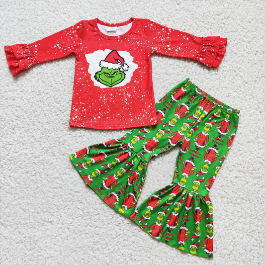6 B6-37 Christmas Red Green Cartoon Girls Long Sleeve Bell Bottom Pants Outfits