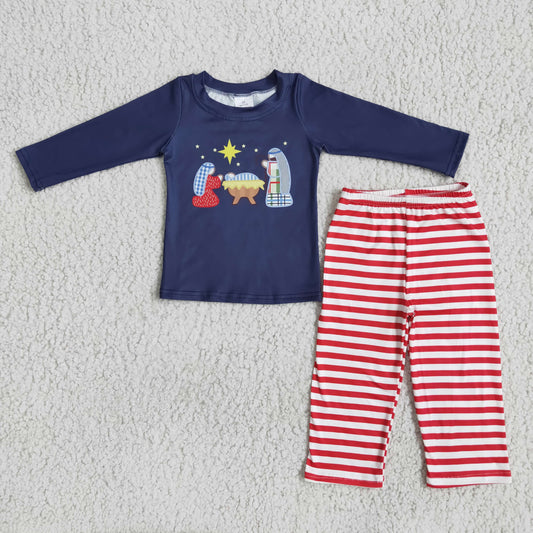 Clearance 6 A20-17 Christmas Jesus Blue Red Striped Boys Long Sleeve Pants Outfits