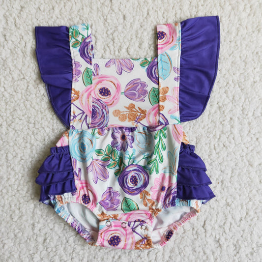 promotion RTS B3-27 Purple Floral Newborn Girls Short Sleeve Romper