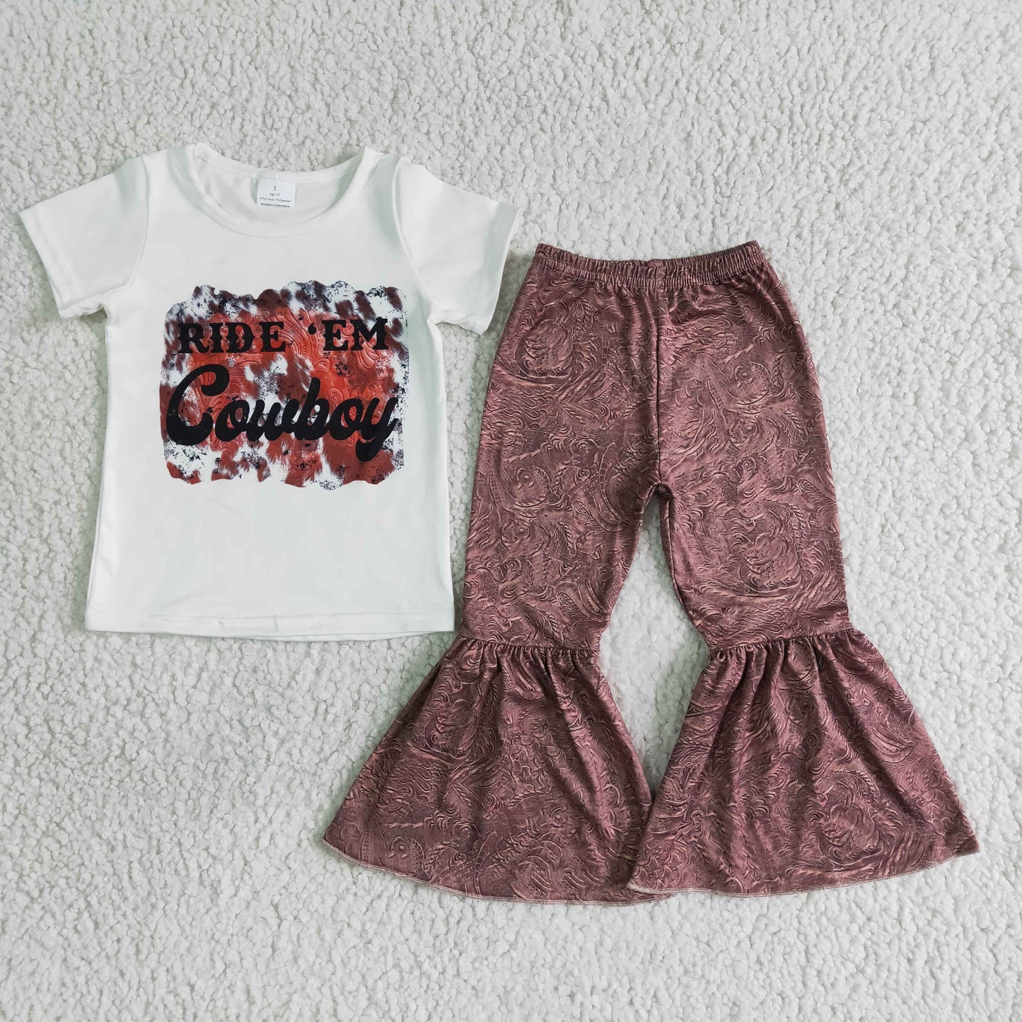 promotion RTS B15-28 Cowboy Girls White Short Sleeve Brown Bell Bottom Pants Sets Boutique Outfits