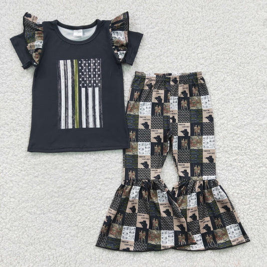 A9-15 Army Green And Black Flag Girls Short Sleeve Pants Outfits
