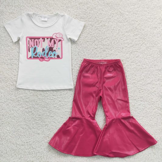 GSPO0471 2Pcs GT0139 Pink Leopard Not My Rodeo Cowboy Top + P0048 Pink Leather pants Girls Short Sleeve Bell Bottom Pants Outfits