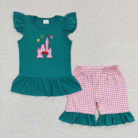 promotion RTS GSSO0151 Valentine Love Green Pink Plaid Castle M Cartoon Embroidery Girls Short Sleeve Shorts Outfits