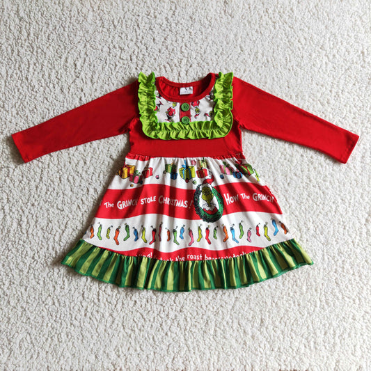 GLD0097 Christmas Red Green Cartoon Santa Ruffles Girls Long Sleeve Dresses