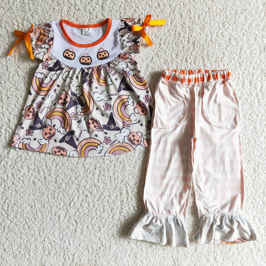 GSPO0176 Halloween Orange Plaid Rainbow Pumpkin Ghost Witch Cartoon Embroidery Tunic Girls Short Sleeve Pants Outfits